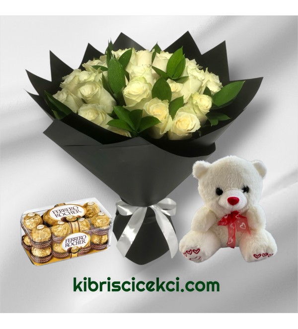 21 Beyaz Gül Buketi Ayıcık 16'lı Ferrero Çikolata